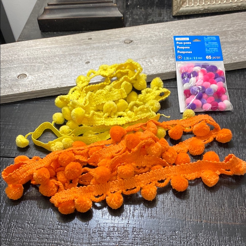 Yellow and Orange Pom Pom Trim & Pom-poms package- Bright Craft Fringe!